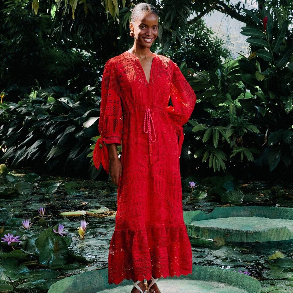 Red Morada Boa Guipure Maxi Dress